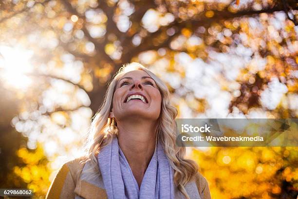 Lächelnde Frau Schaut Gegen Bäume Stockfoto und mehr Bilder von Herbst - Herbst, Frauen, Frauen über 40