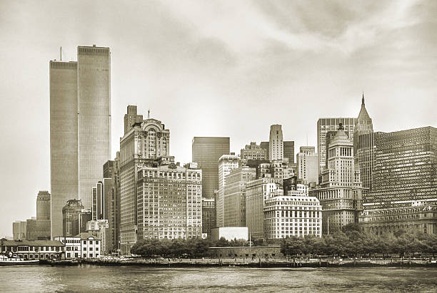New York, NY, USA - August 27, 2025:  Manhattan with skyscrapers and the famous Empire State Building and old toned sepia effect