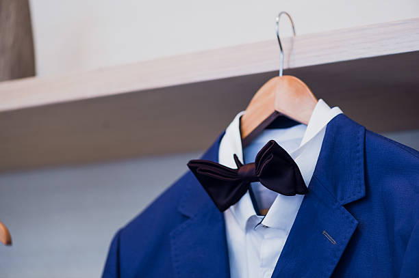 istock Close-up of blue jacket with bow tie on a 629941006