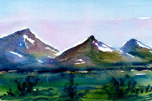 watercolor  landscape with mountains  painting