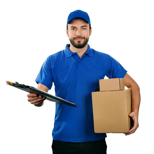 deliveryman with boxes and clipboard isolated on white background