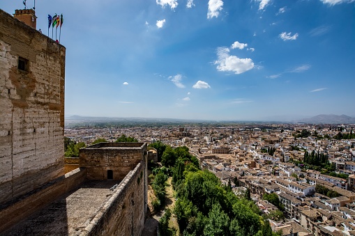 Granada, Spain - August 30, 2016: View of the Panoramic view of Alcazaba of Alhambra and Albaycin (Albaicin, Albayzín, Albaicín), an old Muslim district of Granada