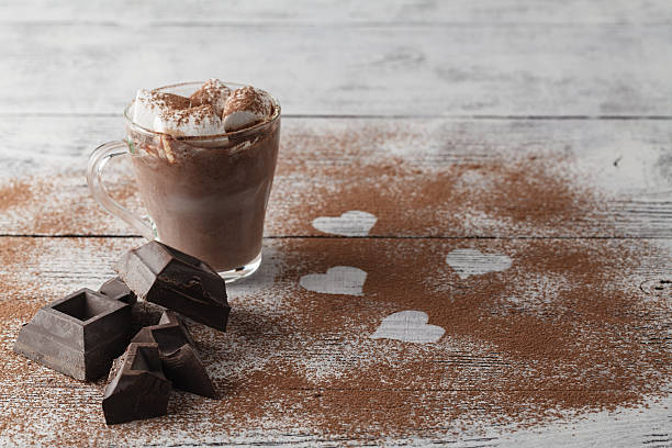 istock Cup of coffee with marshmallow and chocolate on wooden table 629943452