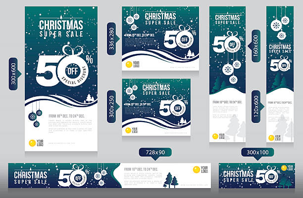 Christmas Website Advertising Banner Design Christmas Website Advertising Banner Design Templates with 50% Discount Tag - Christmas Festival Online Marketing Web Banner Set holiday sale stock illustrations