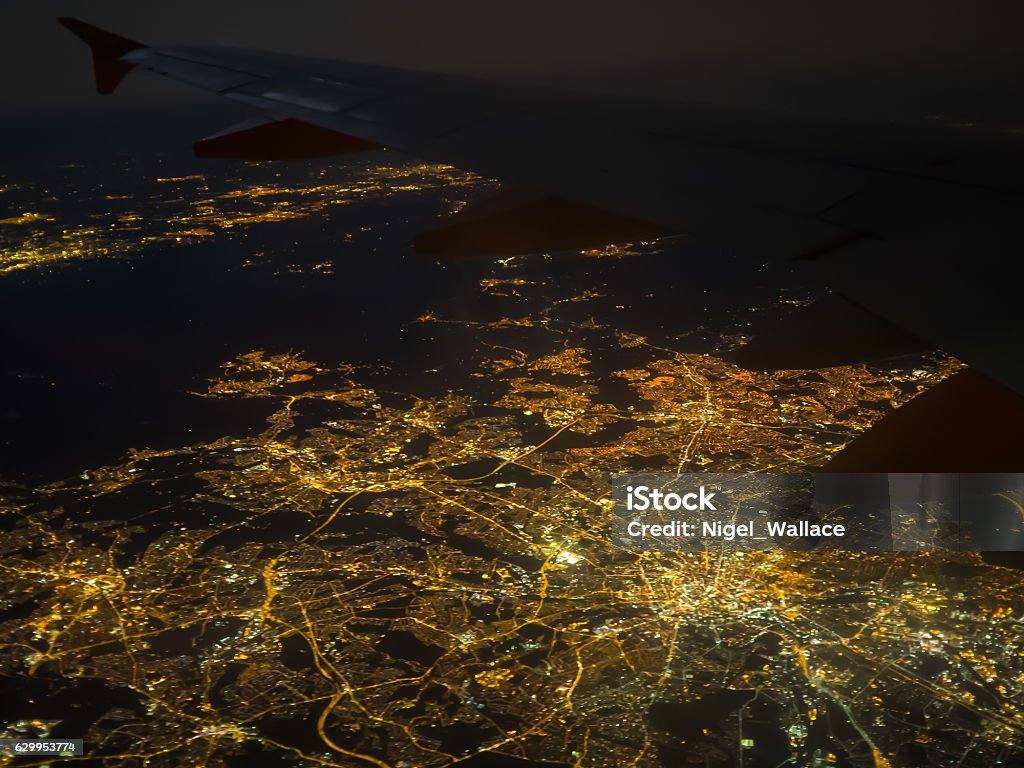 Manchester at night View of Manchester at Night from a Plane Manchester International Airport Stock Photo