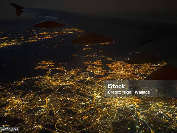 Manchester At Night Stock Photo - Download Image Now - Manchester International Airport, Northeastern England, Aerial View
