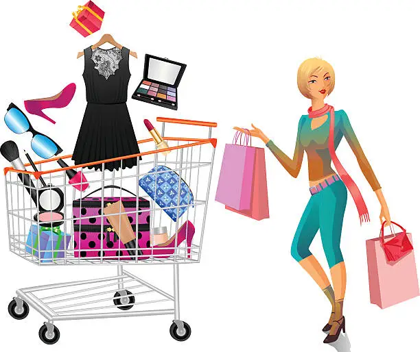 Vector illustration of Women Accessories In Shopping Trolley With Shopping Lady