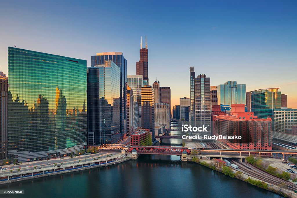 Chicago at dawn. Cityscape image of Chicago downtown at sunrise. Chicago - Illinois Stock Photo