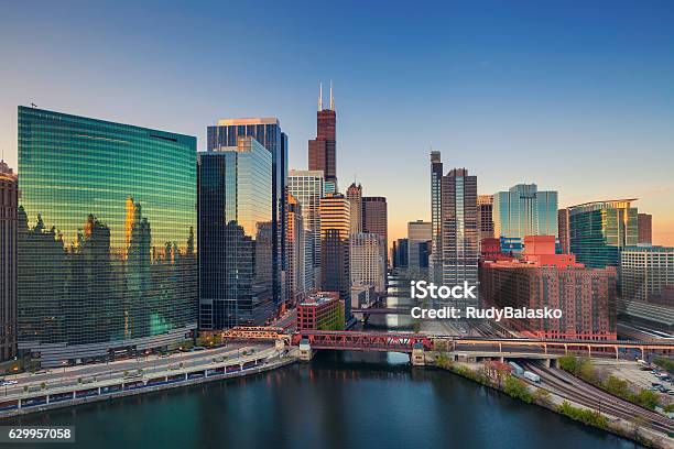 Chicago At Dawn Stock Photo - Download Image Now - Chicago - Illinois, Urban Skyline, Illinois