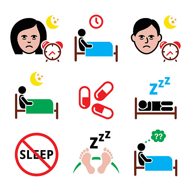 Insomnia, people having trouble with sleeping icons set Health icons set - sleep disorder, insomnia vector icons set isolated on white woman feet bed stock illustrations