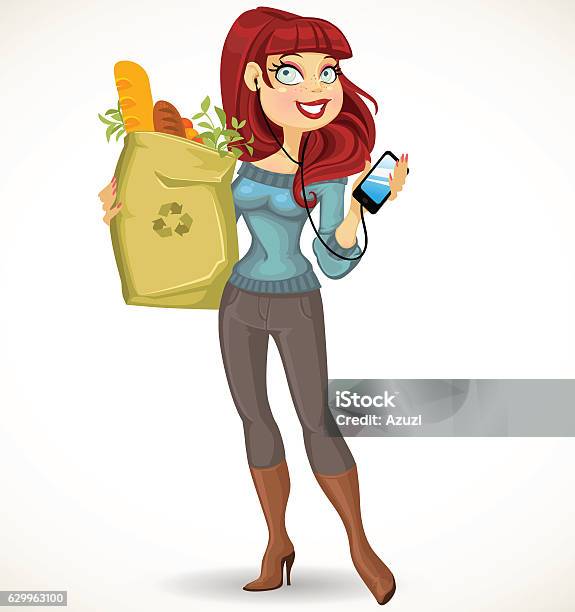 Woman With The Health Food Package And Phone Stock Illustration - Download Image Now - Adult, Beautiful People, Beauty