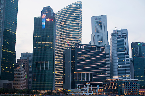 Singapore, Republic of Singapore - 01 November, 2014: Cityscape skyscraper architecture sunset view of downtown
