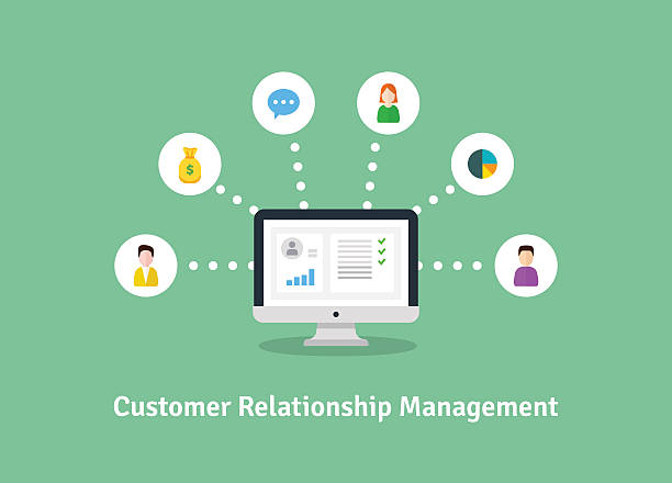 ilustraciones, imágenes clip art, dibujos animados e iconos de stock de organización de datos sobre el trabajo con los clientes, concepto crm. cliente - gestión de relaciones con el cliente