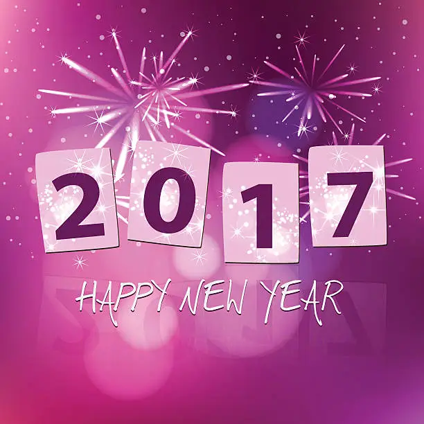 Vector illustration of Year 2017 pink labels new years eve background with firekworks