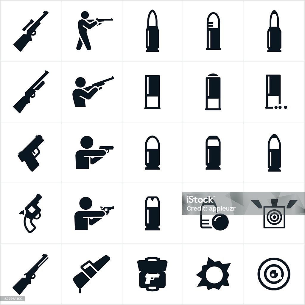 Firearms And Ammunition Icons An icon set of five different firearms and ammunition associated with each. The icons include a rifle, shotgun, handgun, revolver and black powder rifle. The set also includes people shooting the firearms along with different bullets, targets and gun cases. Icon Symbol stock vector
