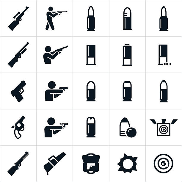 Firearms And Ammunition Icons An icon set of five different firearms and ammunition associated with each. The icons include a rifle, shotgun, handgun, revolver and black powder rifle. The set also includes people shooting the firearms along with different bullets, targets and gun cases. bang icon stock illustrations