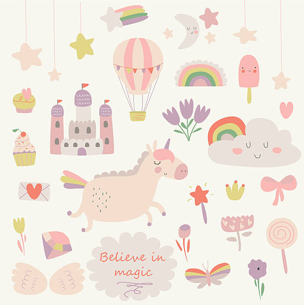 tenderunicornset Vector set of cute little unicorn, rainbow, stars, flowers, castle, ice-cream, magic wand, diamond, butterfly, cupcake, wings in cartoon style. Patch badges, stickers, pins for girls girls illustrations stock illustrations