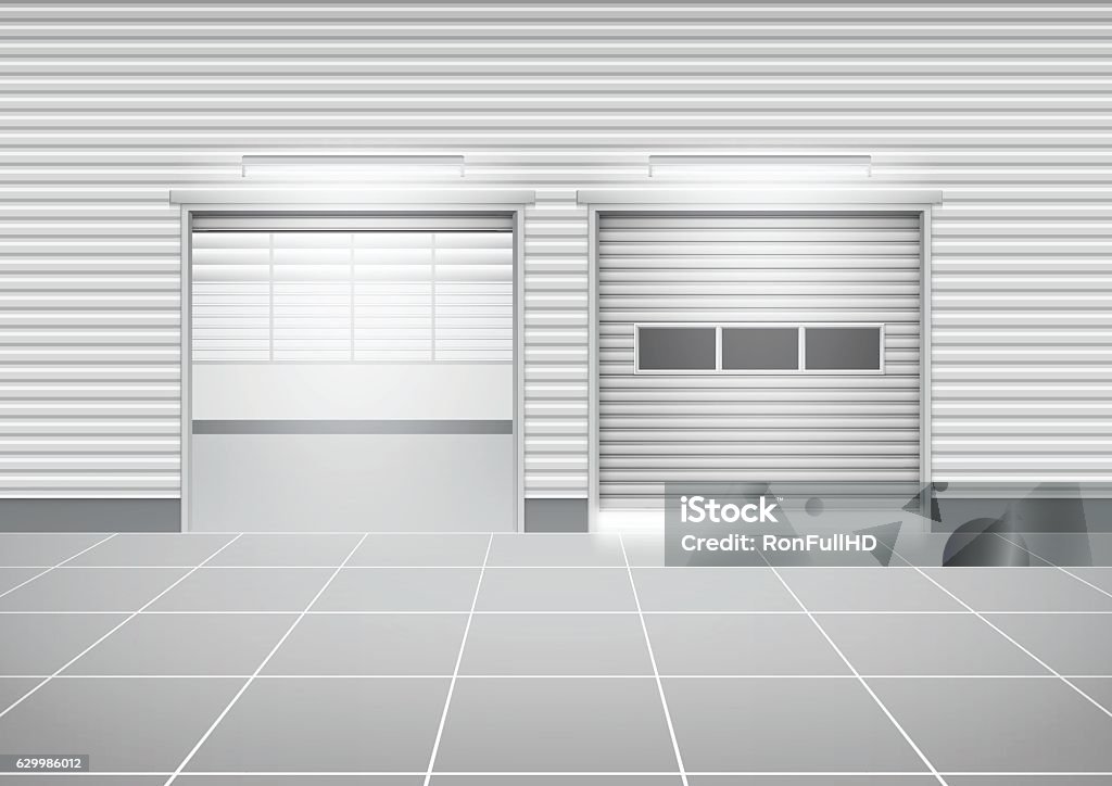 Shutter door vector Vector of roller shutter door and tile floor outside factory building for industrial background. Architecture stock vector Shutter door vector Vector of roller shutter door and tile floor outside factory building for industrial background. Architecture stock vector