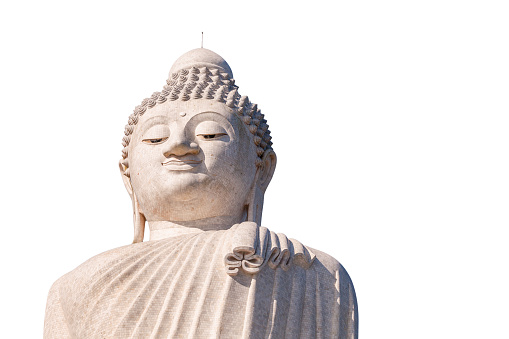 Close up of the Big Buddha head, isolated on white background. Chalong, Phuket, Thailand. Visible almost everywhere, the Big Buddha has become one of the most popular attractions in Phuket