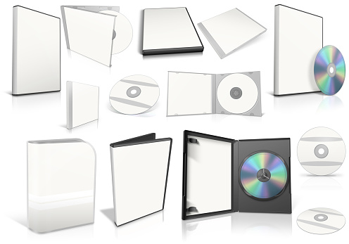 White multimedia disks and boxes on white background. Ready to be personalized by you.