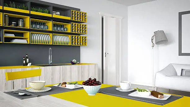 Minimalistic gray kitchen with wooden and yellow details, vegetarian breakfast, minimal interior design
