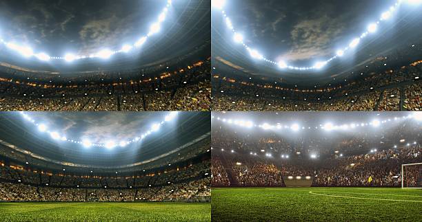 dramatyczne soccer stadium pełne widzów - playing field flash zdjęcia i obrazy z banku zdjęć