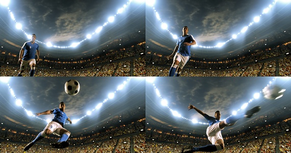 A male soccer player kicks the ball with his feet. We can see all four stages of the kick. The stadium is full of spectators holding flags behind him. The stadium is made in 3D. The lights of the stadium shine brightly, creating a halo effect around the bulbs. A player is wearing unbranded soccer uniform.