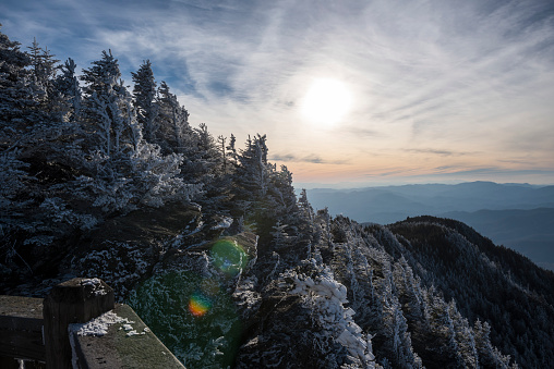 Winter sunset at Roan High Bluff on Roan Mountain, seen from the viewing platform. Ice and frost on the trees.