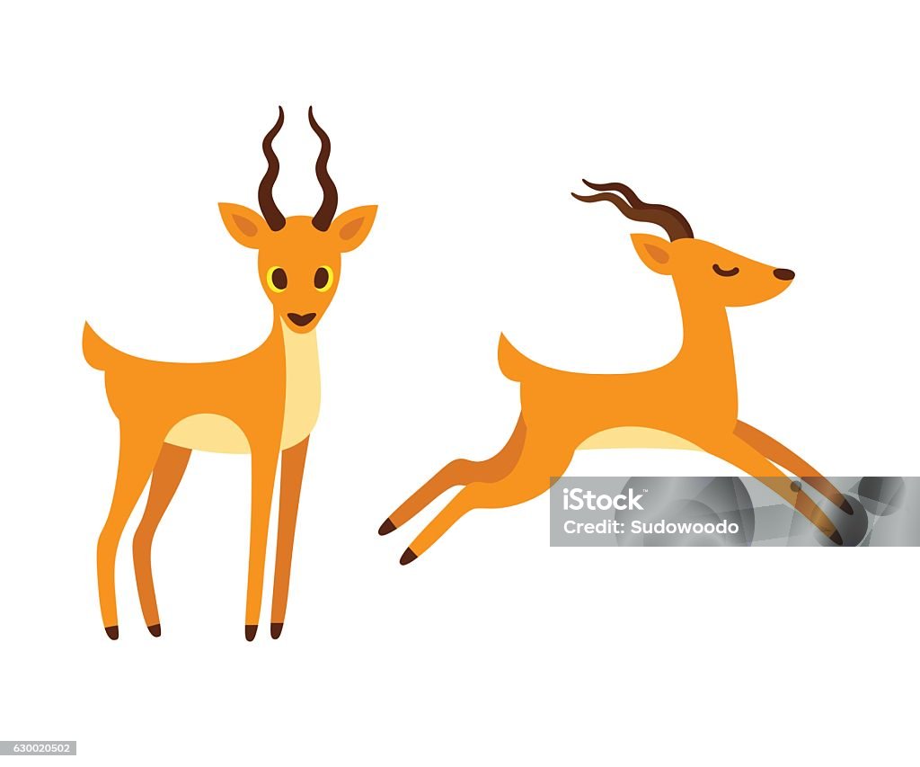 Antelope cartoon illustration. African antelope cartoon drawing. Standing and running side view. Isolated vector illustration. Safari Animals stock vector