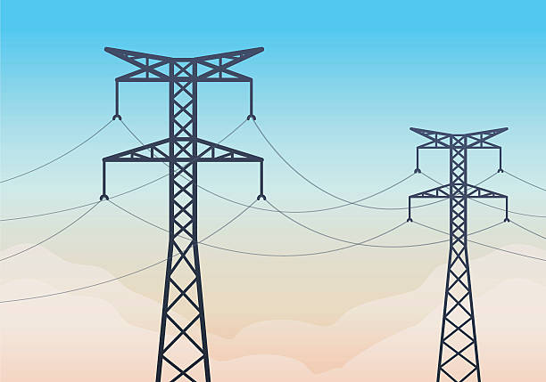 일출의 전기 타워 - electricity pylon stock illustrations