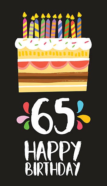 Happy Birthday card 65 sixty five year cake Happy birthday number 65, greeting card for sixty five years in fun art style with cake and candles. Anniversary invitation, congratulations or celebration design. EPS10 vector. $69 stock illustrations