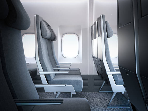 istock Bright airplane seats in the cabin. 3d rendering 630039404