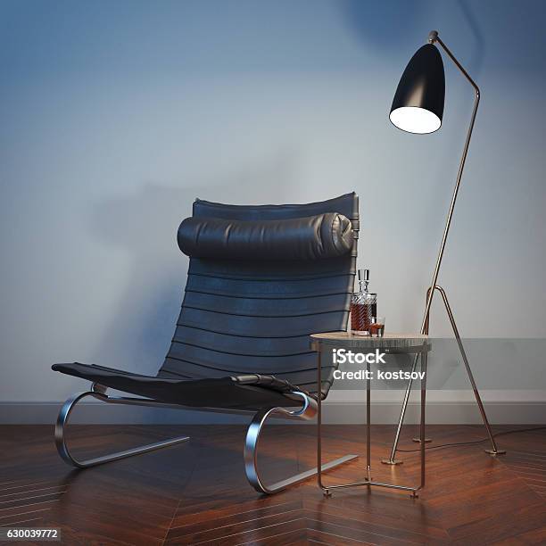 Modern Interior With Black Chair And Lamp 3d Rendering Stock Photo - Download Image Now
