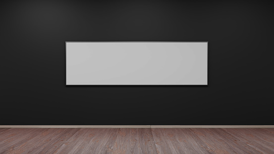 silver photo frame on black wall 3d rendering