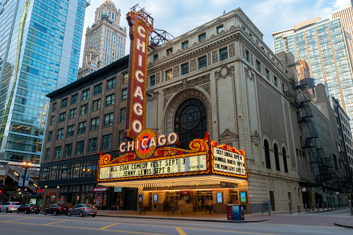 Chicago, USA - August 25, 2016: The famous illuminated Chicago Theater late in the day on State street in The Loop.