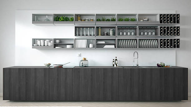 istock Scandinavian white kitchen with wooden and gray details, minimal 630041602