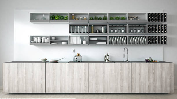 istock Scandinavian white kitchen with wooden and gray details, minimal 630048782