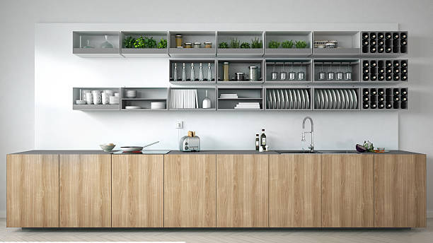 istock Scandinavian white kitchen with wooden and gray details, minimal 630049148