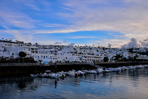 Spanish View Landscape in Puerto del Carmen Lanzarote Tropical Volcanic Canary Islands Spain at Sunset