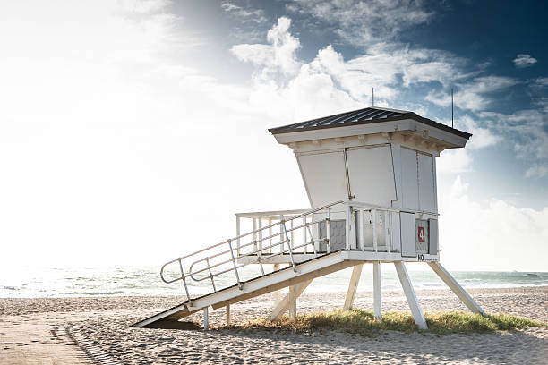 istock miami beach Lifeguard hut on sand beach 630050830