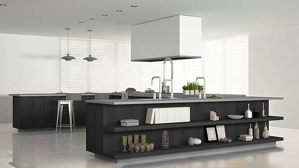istock Minimalistic white kitchen with wooden and gray details, minimal 630052186