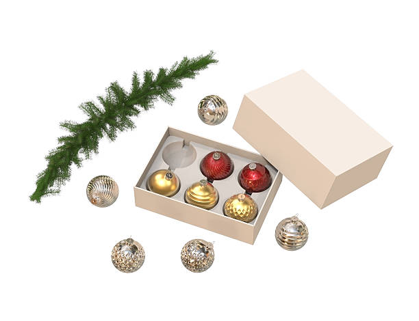 istock White box filled with balls decorations,fir branch, isolated on white 630052726