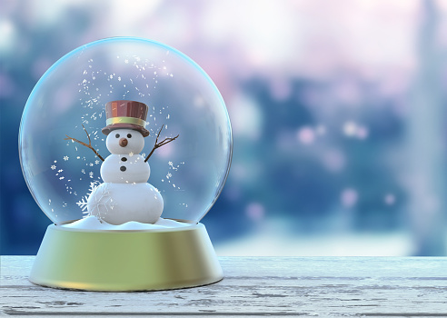 Snow globe with snowman white. Merry Christmas and Happy New Year postcard, banner, poster, picture. Christmas 3D Render ready for Your design. 