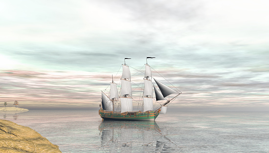 3d generated scene of Aurore a cargo slave ship that brought the first African slaves to Louisiana on June 6, 1719, from Senegambia