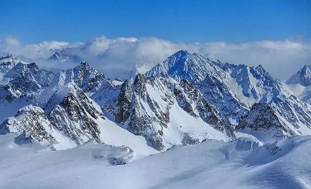 Alps, view from Mt. Titlis in winter. Titlis is a mountain of the Uri Alps, located on the border between the Swiss cantons of Obwalden and Bern.