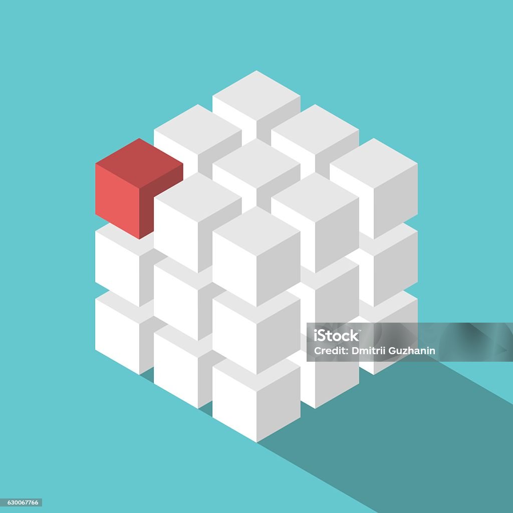 Cube assembled of blocks Cube assembled of many white blocks and a red one. Missing piece, uniqueness and teamwork concept. Flat design. EPS 8 vector illustration, no transparency Cube Shape stock vector