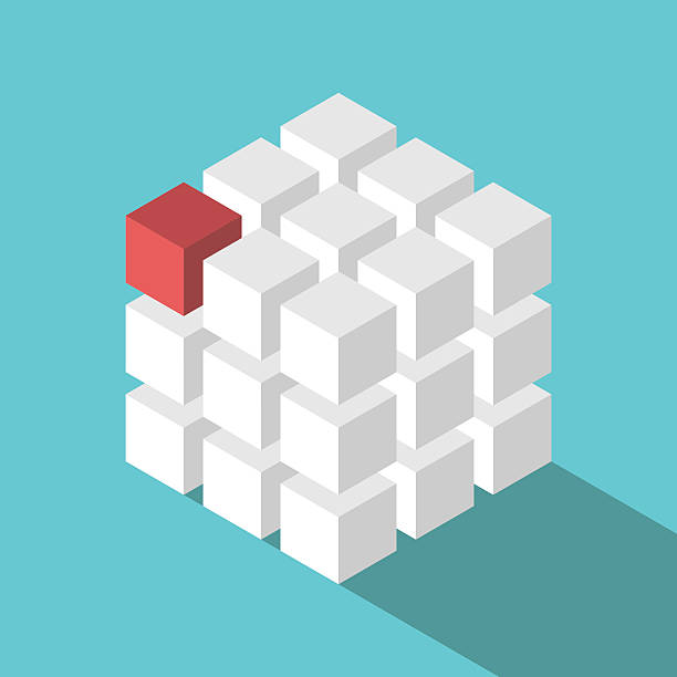 Cube assembled of blocks Cube assembled of many white blocks and a red one. Missing piece, uniqueness and teamwork concept. Flat design. EPS 8 vector illustration, no transparency comprehensive stock illustrations