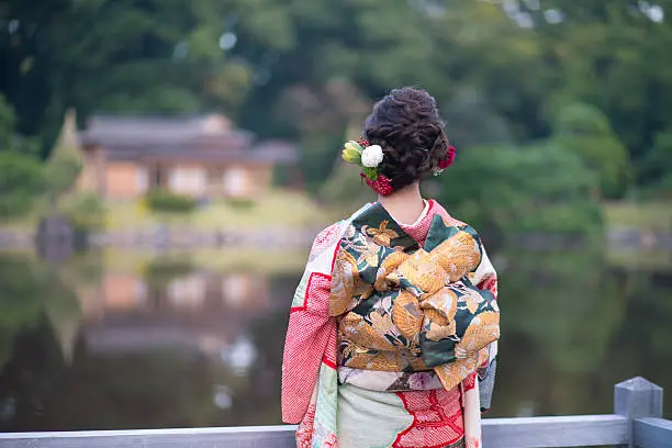 Young Furisode girl in Japanese garden