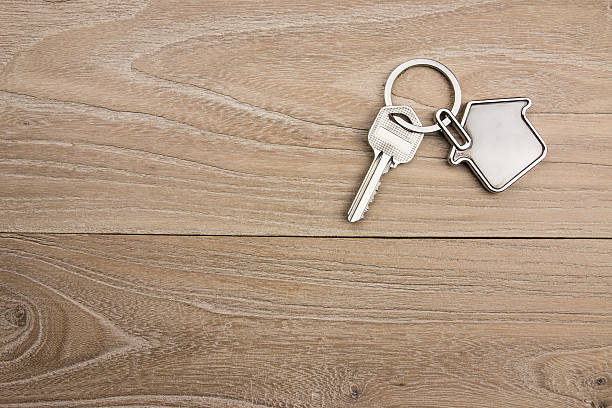 House-shaped key in the wood stock photo