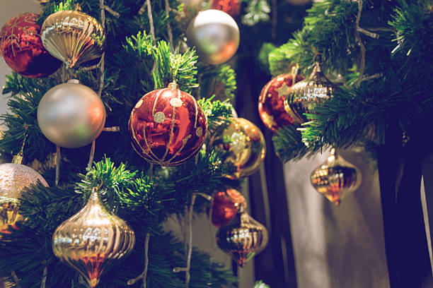istock bauble hanging from a decorated Christmas tree. Blur 631181742